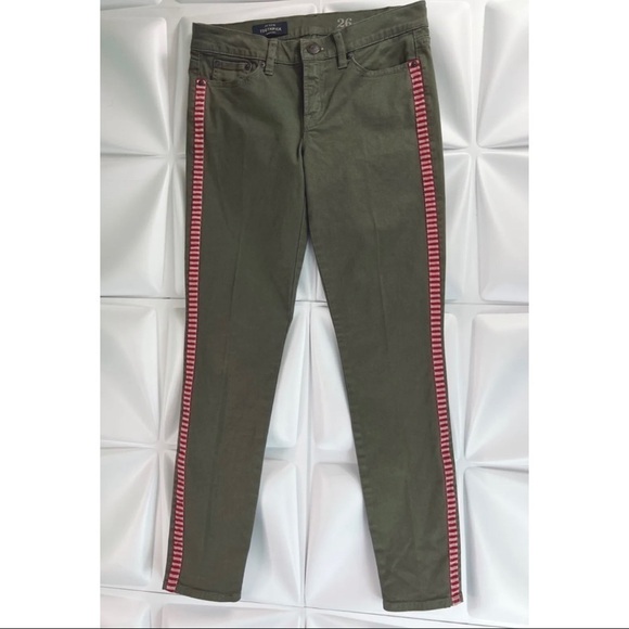 J Crew Women Sz 26 Army Green Red Embroidered Tuxedo Stripe Toothpick Ankle Jean - Picture 7 of 11